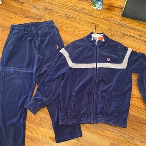 Fila Navy Velour Tracksuit with Gray Accents